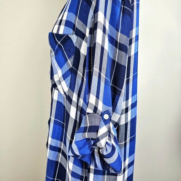 Express Coastal Academian Blue Plaid Roll-Tab Shirt Small - Picture 8 of 11